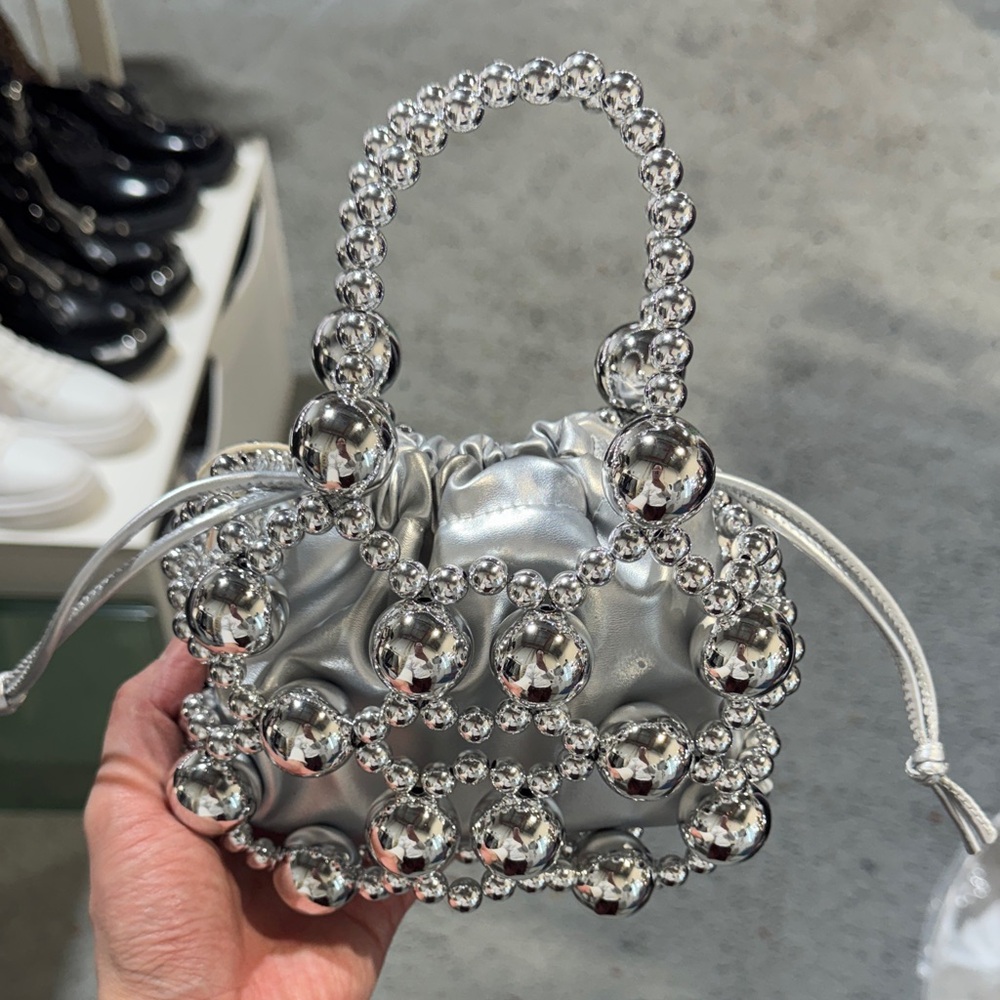 Silver Metallic Beaded Mini Drawstring Bag - Women